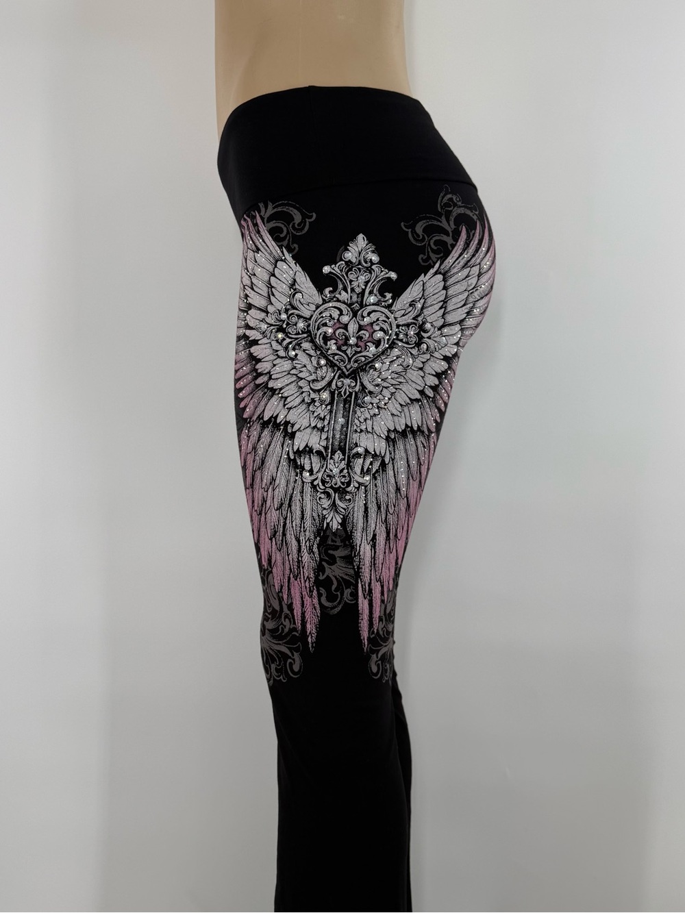 Black Women's Yoga Pants with Pink Wing Graphic